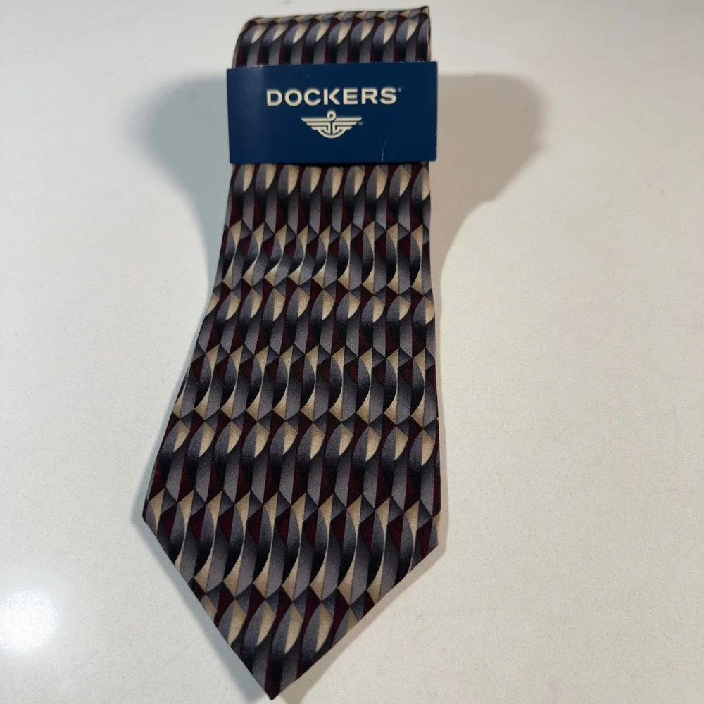 Dockers Necktie Mens OS Grey Tan NEW Vintage 90s Geometric Silk Casual Lifestyle